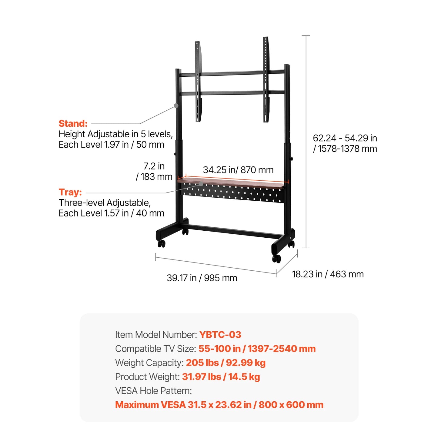 Rolling TV Stand Mobile TV Cart Suit for Various Sizes TV Portable TV Stand with Wheels for Living Room Bedroom Office