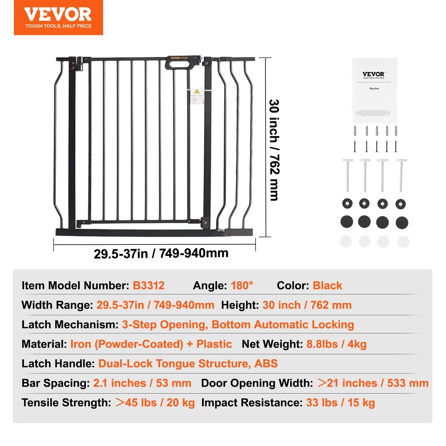 Gate 28/30/36 Inches High Dog Gate Pressure Mount Kit Wall Cups Doorways