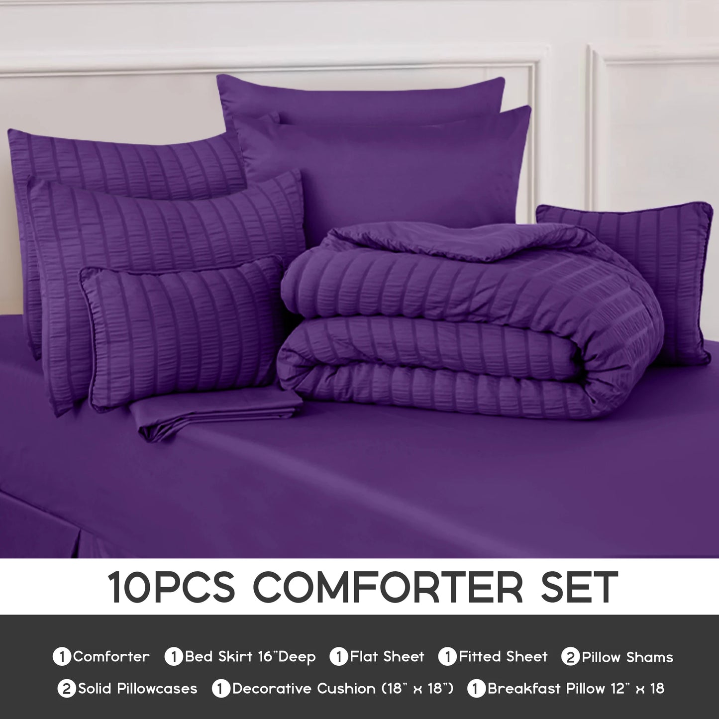 Lux Decor 10 Piece Comforter Set, Seersucker Bed in a Bag King Bedding Set - Down Alternative Comforter Set with Sheets