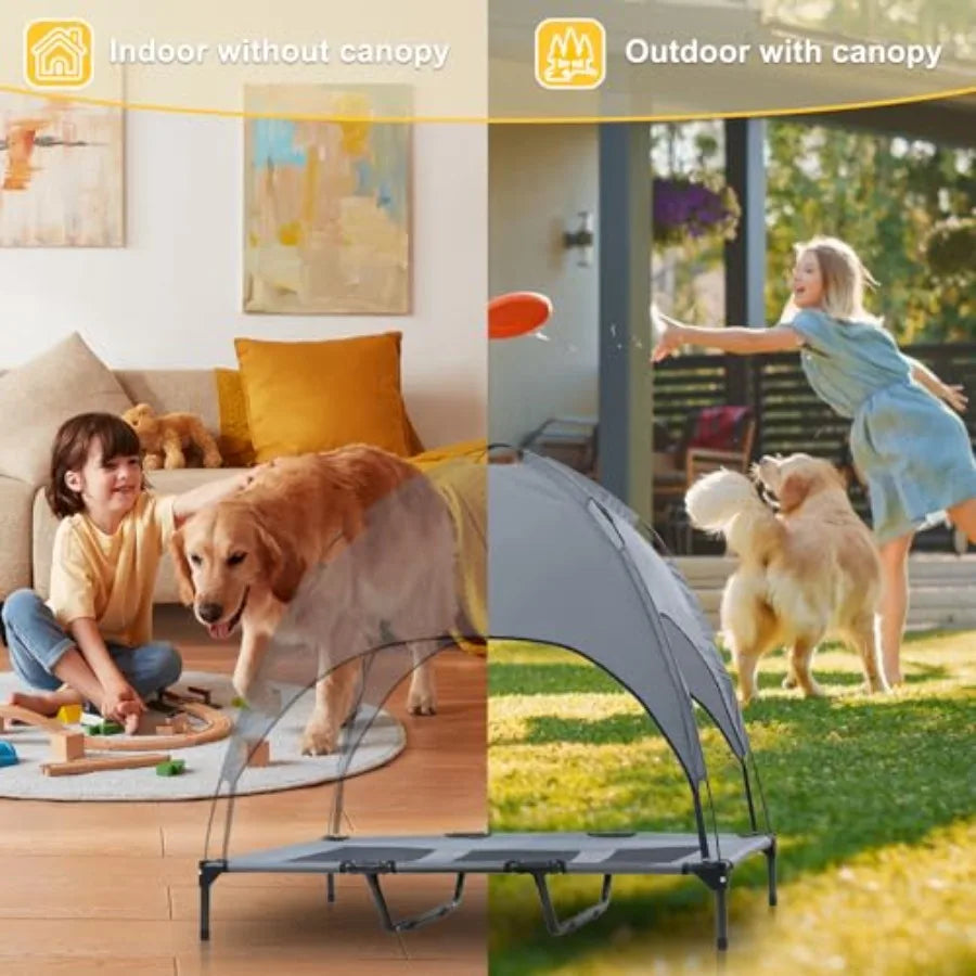 Elevated Dog Bed with Canopy 48-inch Waterproof Pet Cot Portable Outdoor Pet Bed with Carry Bag Indoor/Outdoor Cooling Canopy D