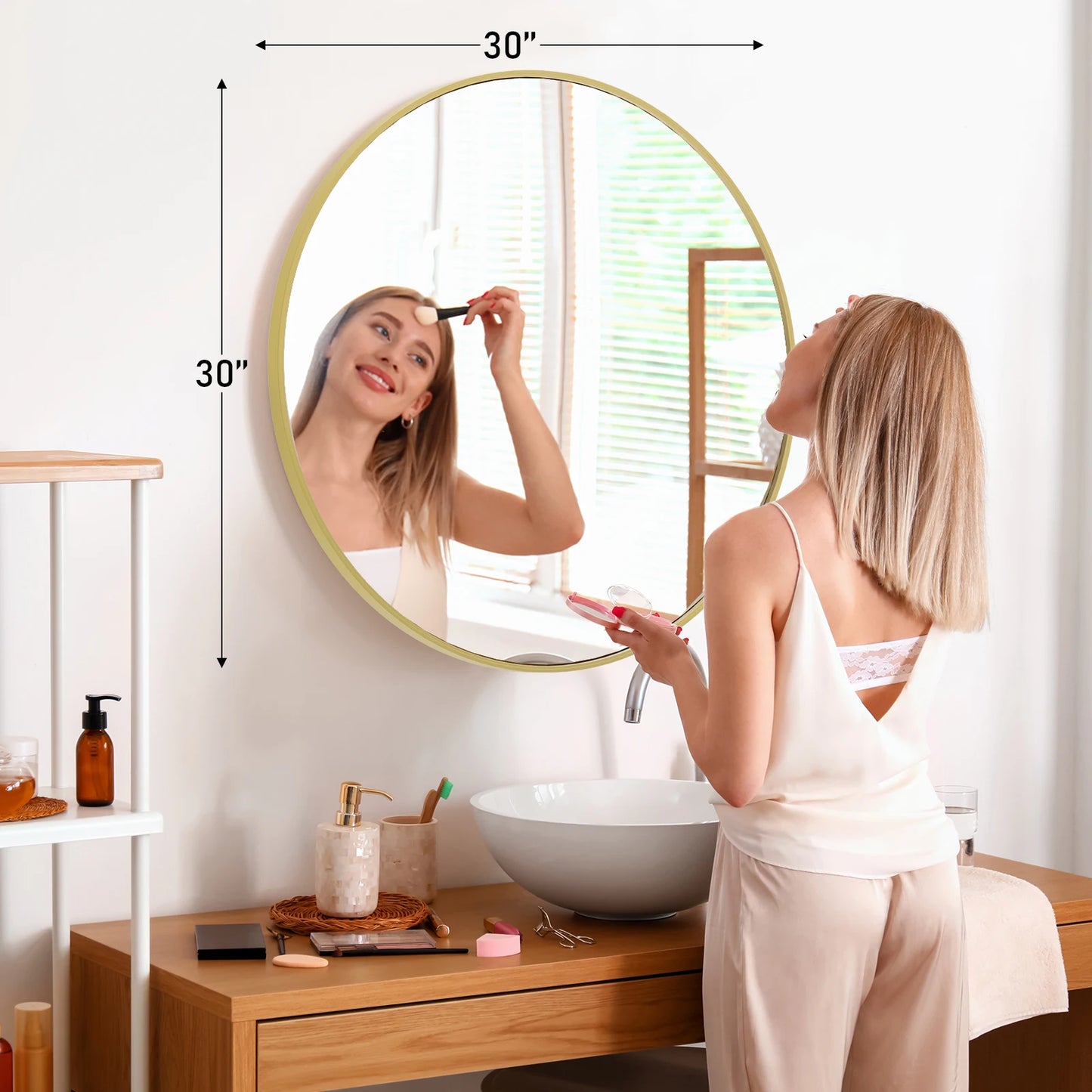 30 Inch Large Gold Round Vanity Framed Mirror for Wall Matte Metal Framed Modern Mirror Tempered Glass Bedroom Living Room