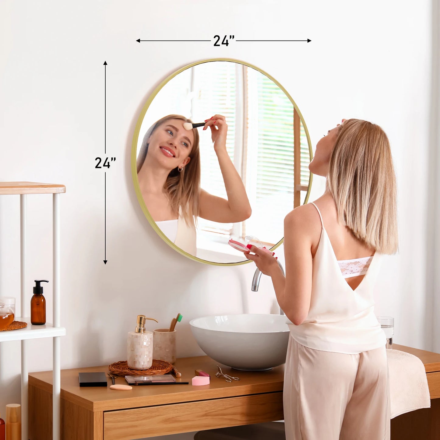 30 Inch Large Gold Round Vanity Framed Mirror for Wall Matte Metal Framed Modern Mirror Tempered Glass Bedroom Living Room
