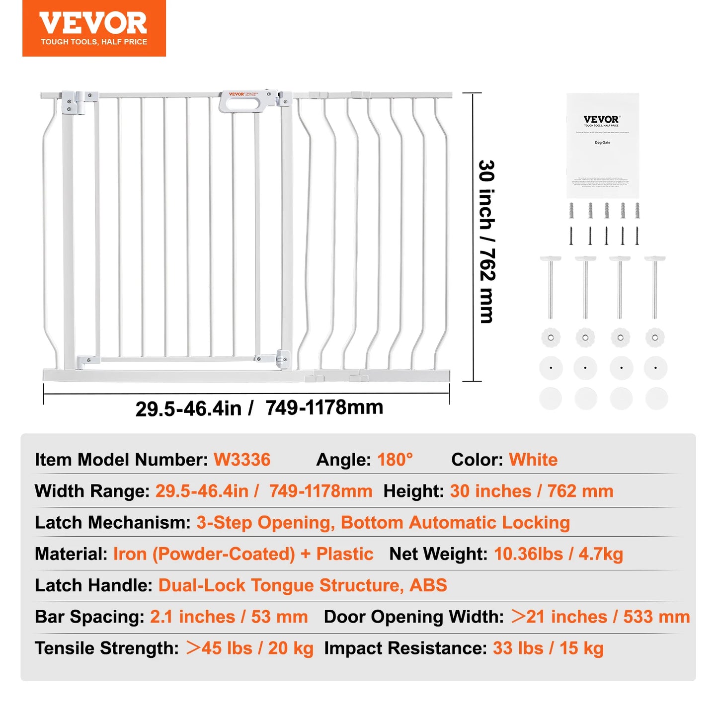 Gate 28/30/36 Inches High Dog Gate Pressure Mount Kit Wall Cups Doorways