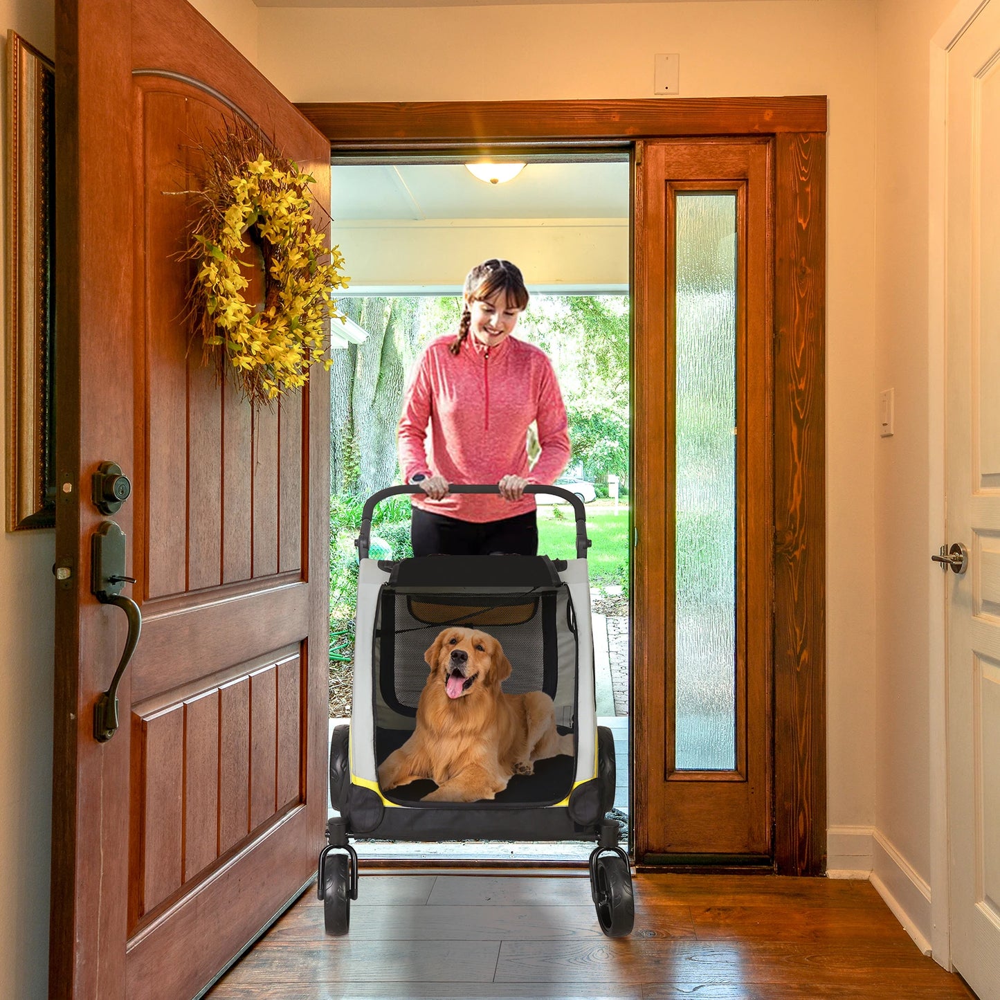 Pet Stroller for 2 Dogs, Zipper Divider and Wheels, Wagon, Travel Carriage