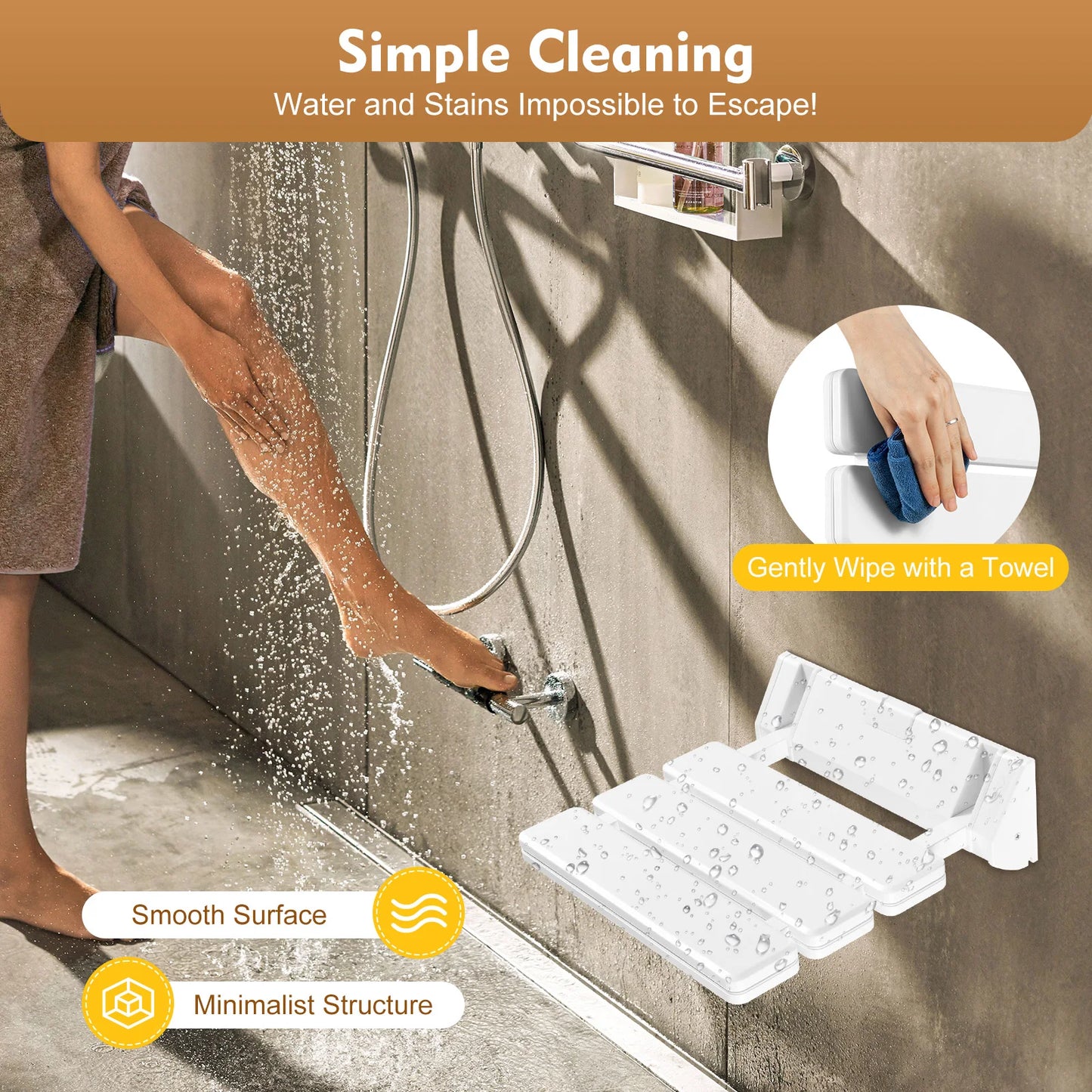 90° Folding Shower Seat Wall-Mounted Waterproof Shower Bench Shoe Changing Stool White Load 130kg for Bathrooms Porches 32*34cm