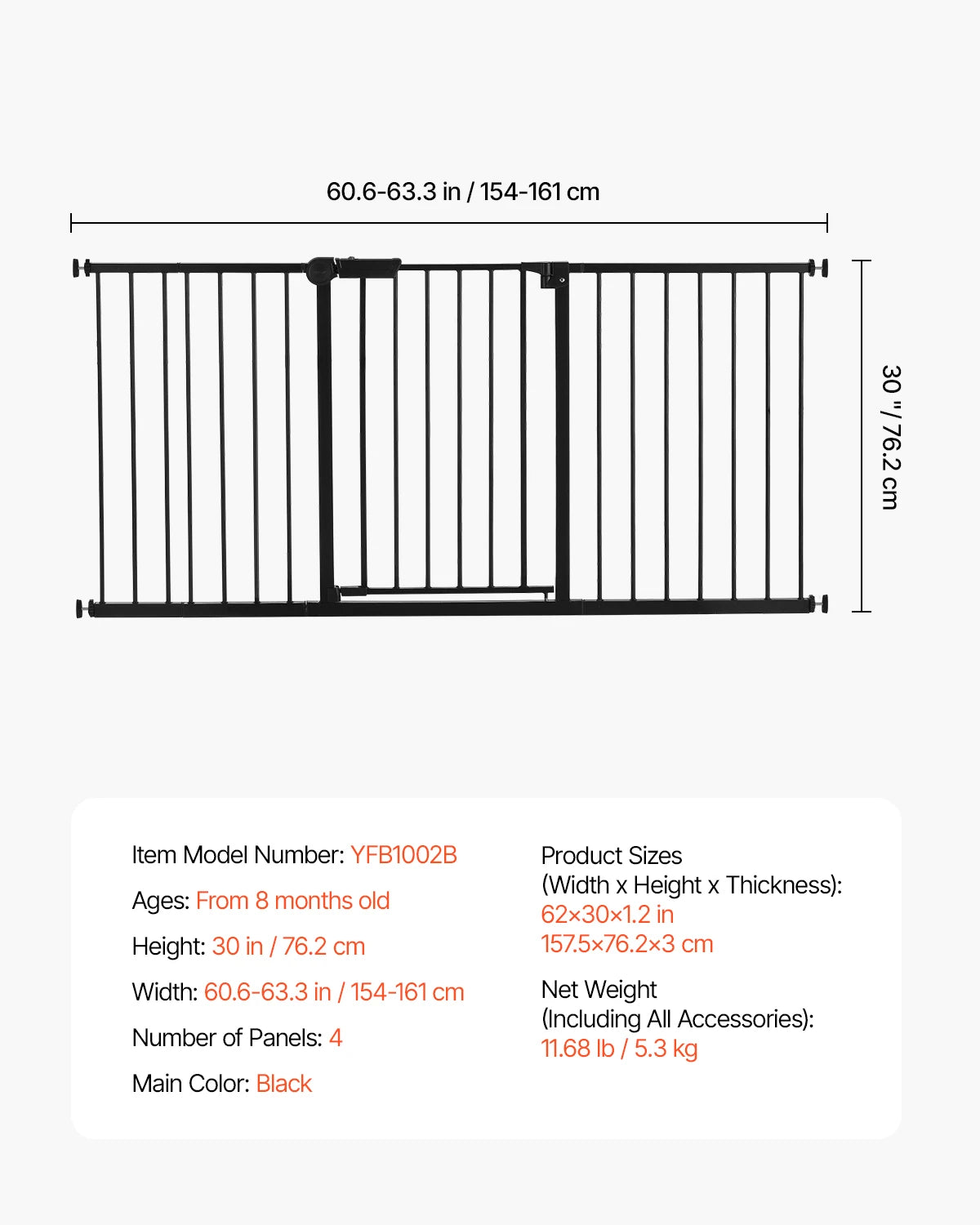 Gate 28/30/36 Inches High Dog Gate Pressure Mount Kit Wall Cups Doorways