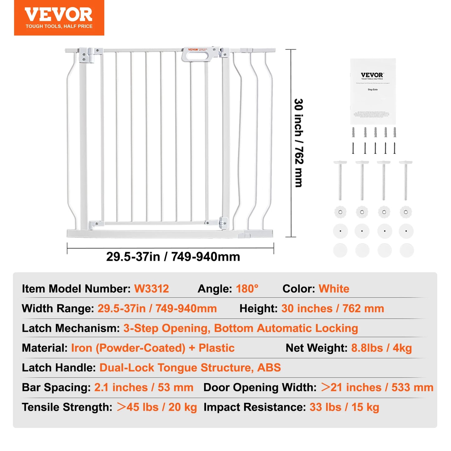 Gate 28/30/36 Inches High Dog Gate Pressure Mount Kit Wall Cups Doorways