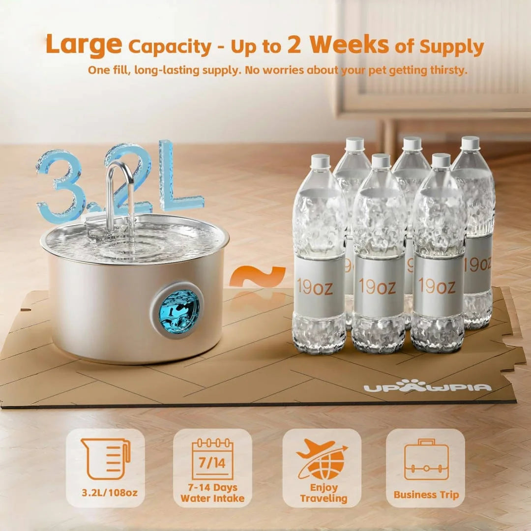 Stainless Steel Cat Water Fountain, 108oz Pet Fountain Dispenser Automatic for Inside Dog Cats Drinking Replaceable filters