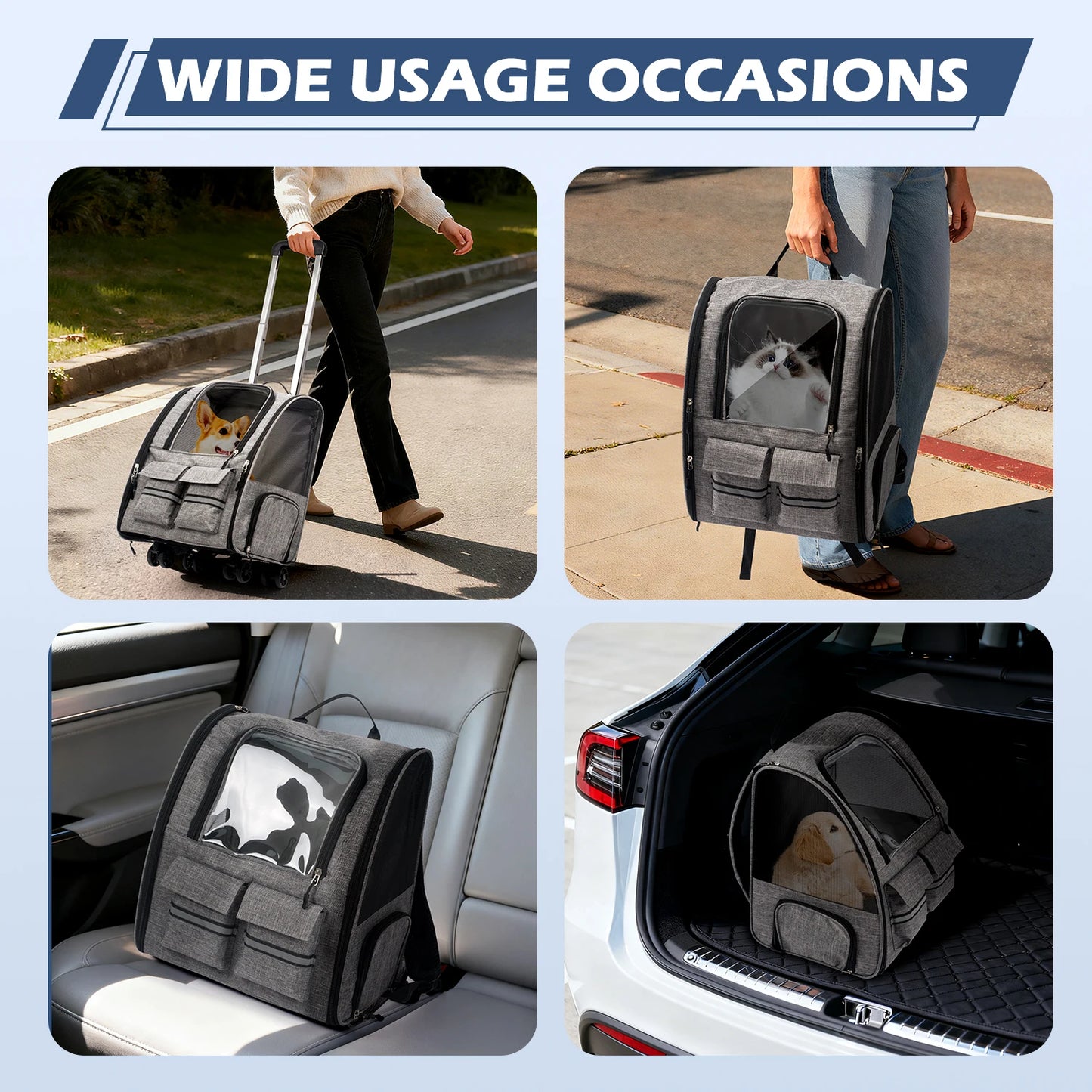 Foldable Rolling Pet Carrier Backpack with Removable Wheels