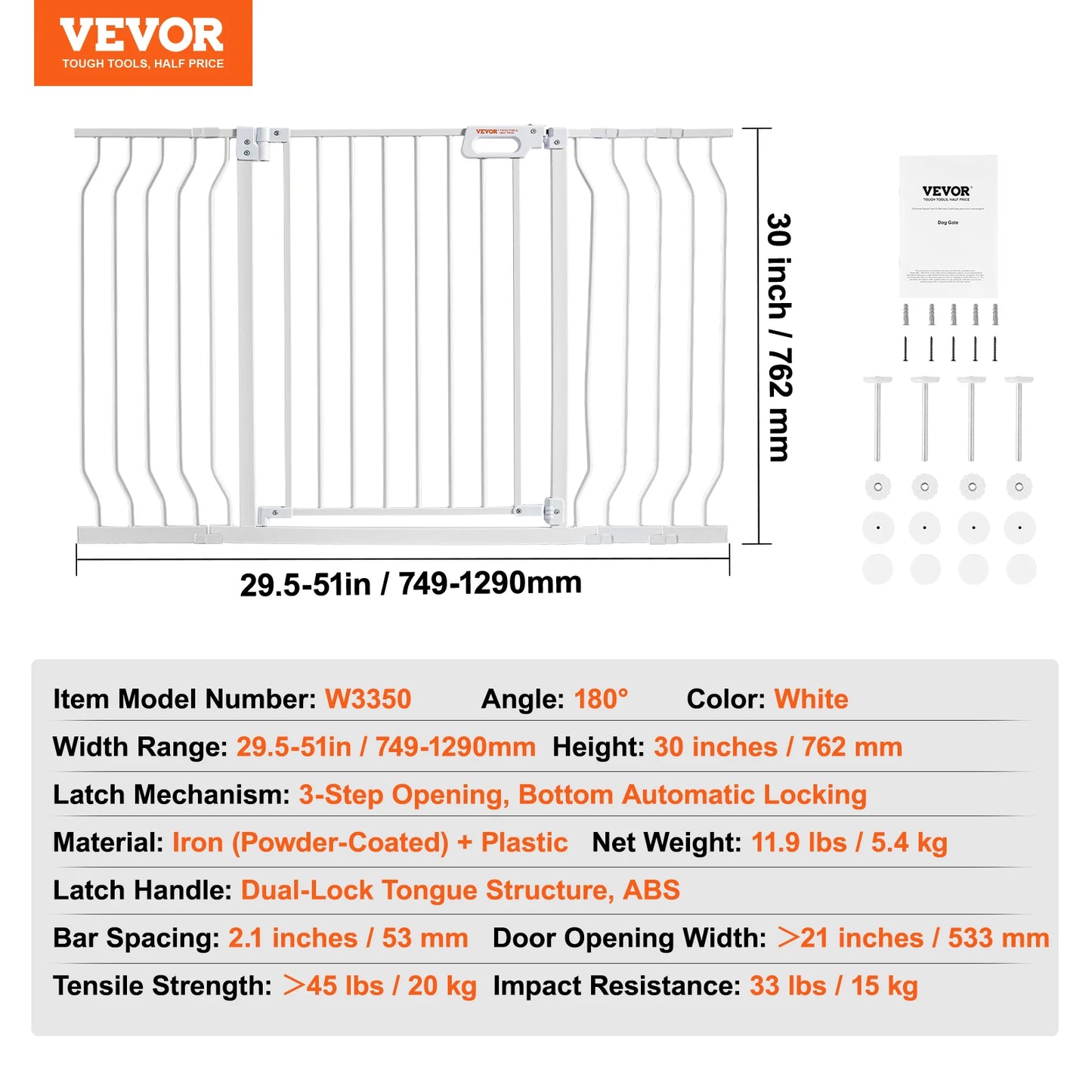 Gate 28/30/36 Inches High Dog Gate Pressure Mount Kit Wall Cups Doorways