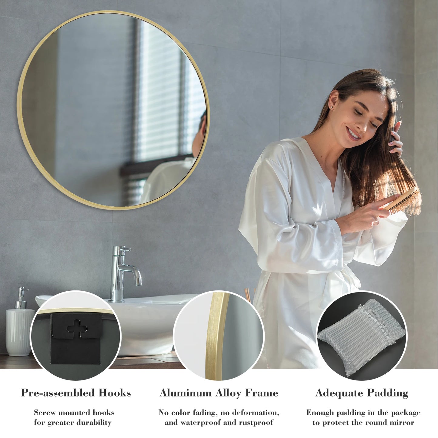 30 Inch Large Gold Round Vanity Framed Mirror for Wall Matte Metal Framed Modern Mirror Tempered Glass Bedroom Living Room