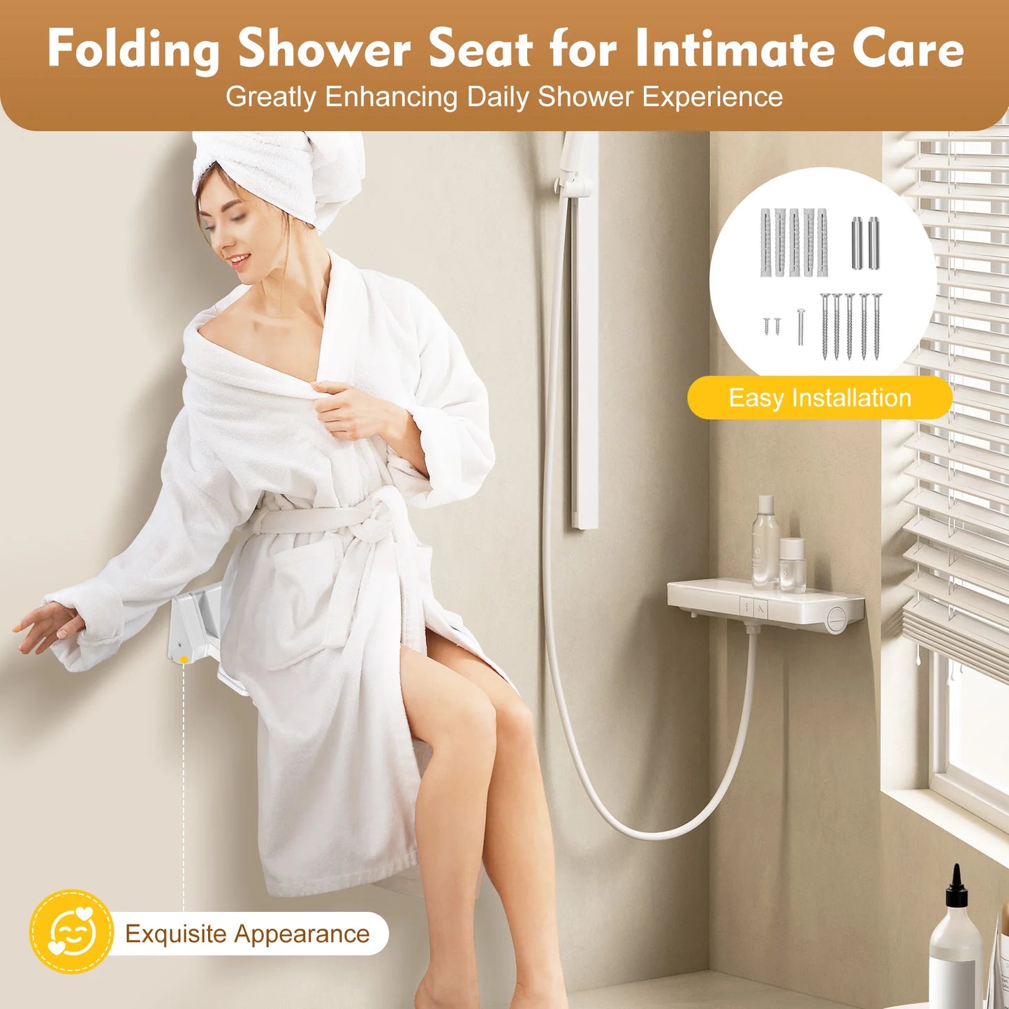 90° Folding Shower Seat Wall-Mounted Waterproof Shower Bench Shoe Changing Stool White Load 130kg for Bathrooms Porches 32*34cm