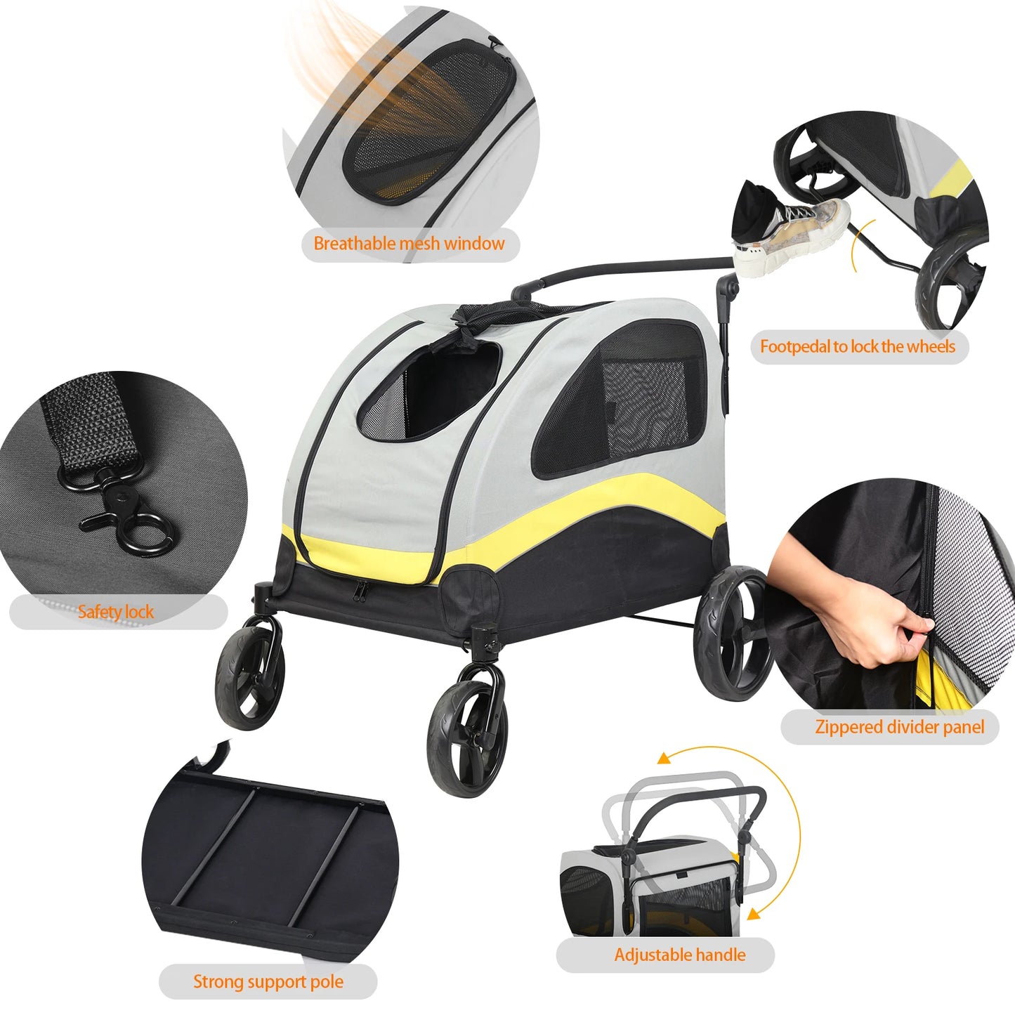 Pet Stroller for 2 Dogs, Zipper Divider and Wheels, Wagon, Travel Carriage