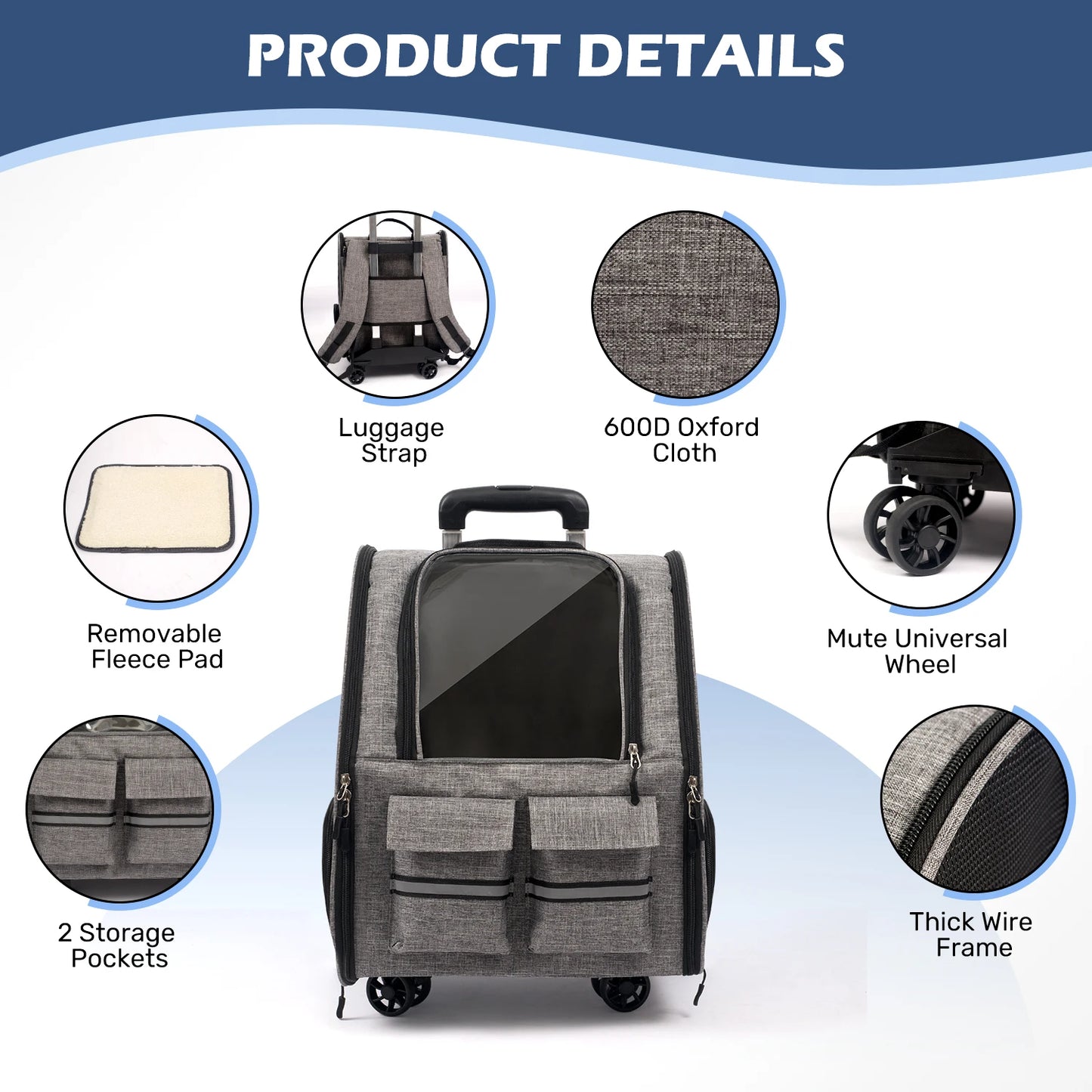Foldable Rolling Pet Carrier Backpack with Removable Wheels