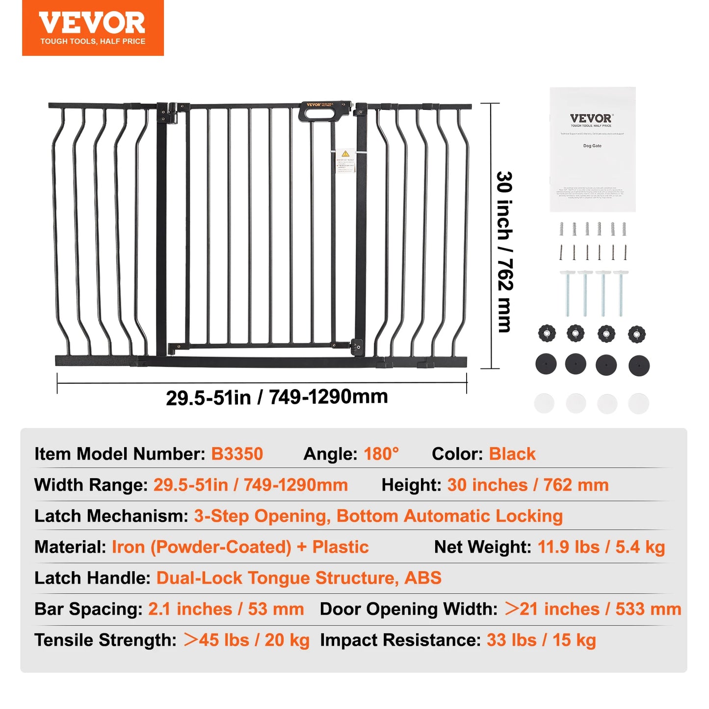 Gate 28/30/36 Inches High Dog Gate Pressure Mount Kit Wall Cups Doorways