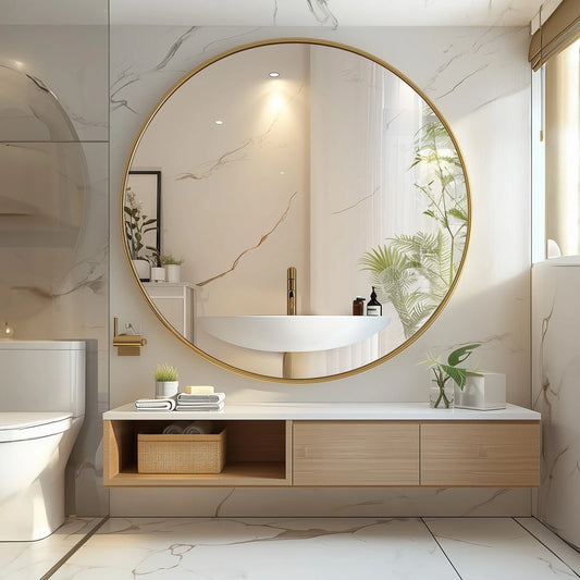 30 Inch Large Gold Round Vanity Framed Mirror for Wall Matte Metal Framed Modern Mirror Tempered Glass Bedroom Living Room
