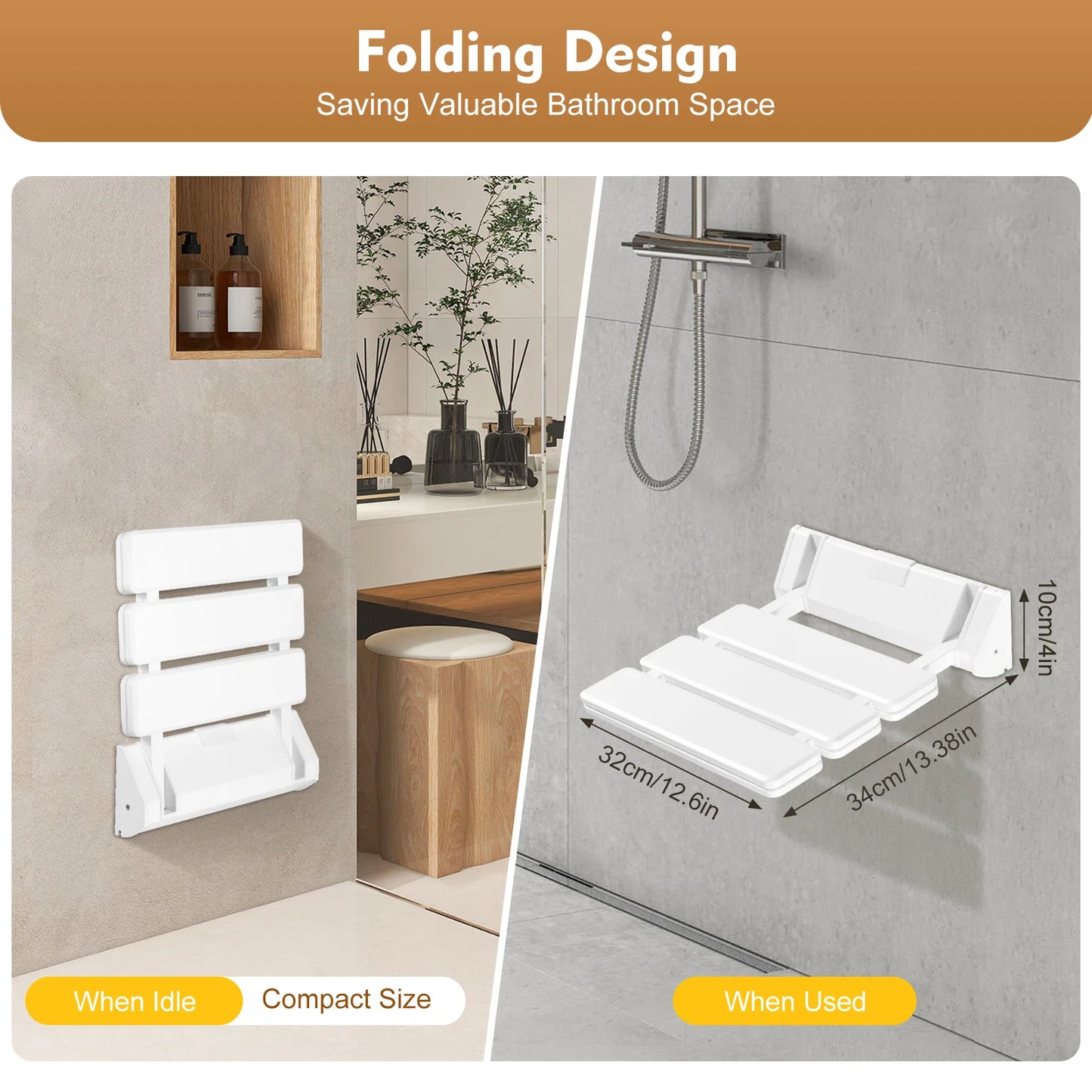 90° Folding Shower Seat Wall-Mounted Waterproof Shower Bench Shoe Changing Stool White Load 130kg for Bathrooms Porches 32*34cm