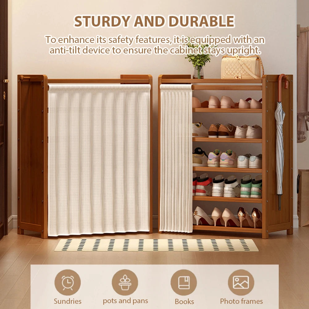 6-Tier Shoes Racks Organizer with White Gauze Curtain Wooden Cabinet Organizer for Entryway Hallway Bedroom Closet Living Room