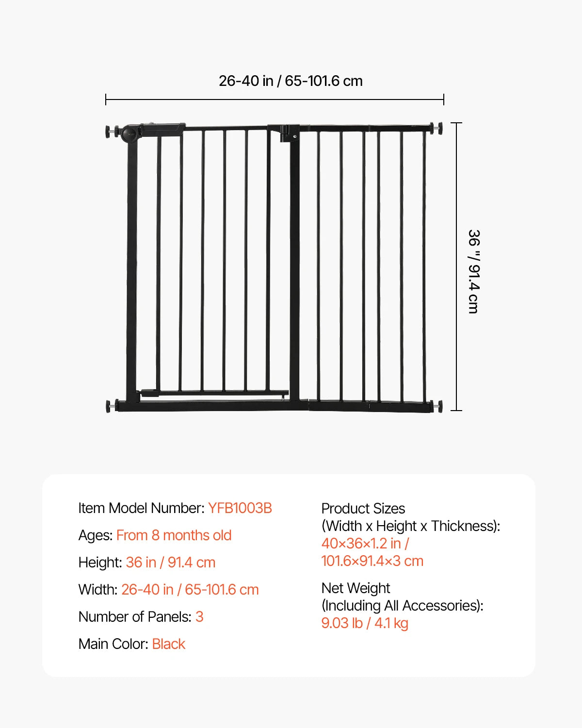 Gate 28/30/36 Inches High Dog Gate Pressure Mount Kit Wall Cups Doorways
