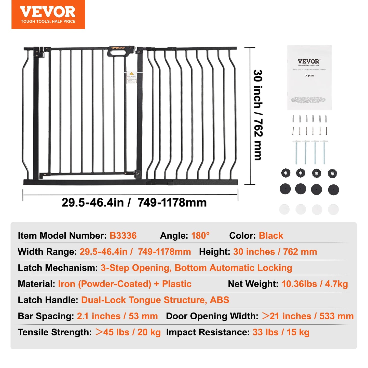 Gate 28/30/36 Inches High Dog Gate Pressure Mount Kit Wall Cups Doorways