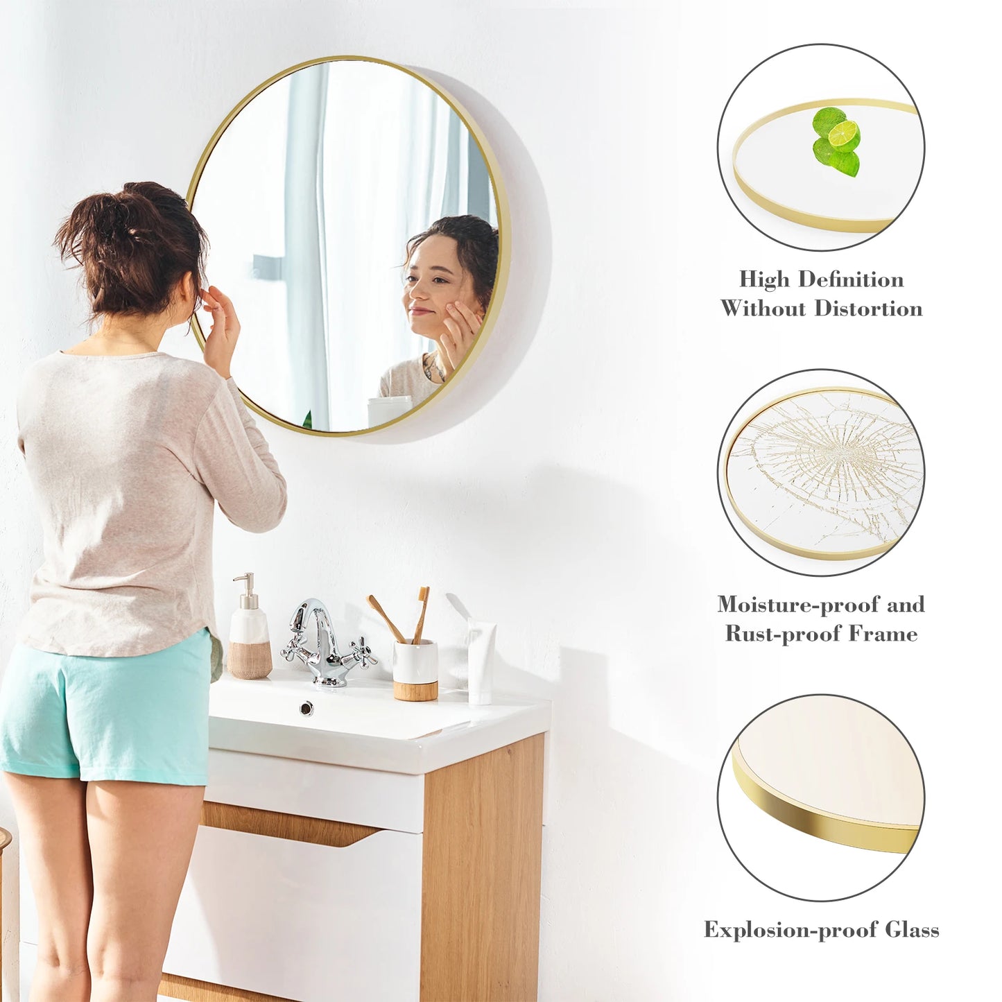 30 Inch Large Gold Round Vanity Framed Mirror for Wall Matte Metal Framed Modern Mirror Tempered Glass Bedroom Living Room