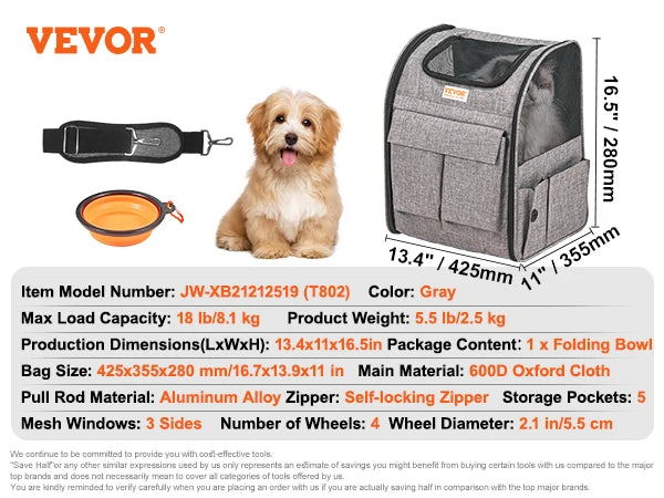 Pet Cat Carrier Breathable Outgoing Dog Carry Backpack with Telescopic Handle Wheels and Shoulder Strap for Travel Trip